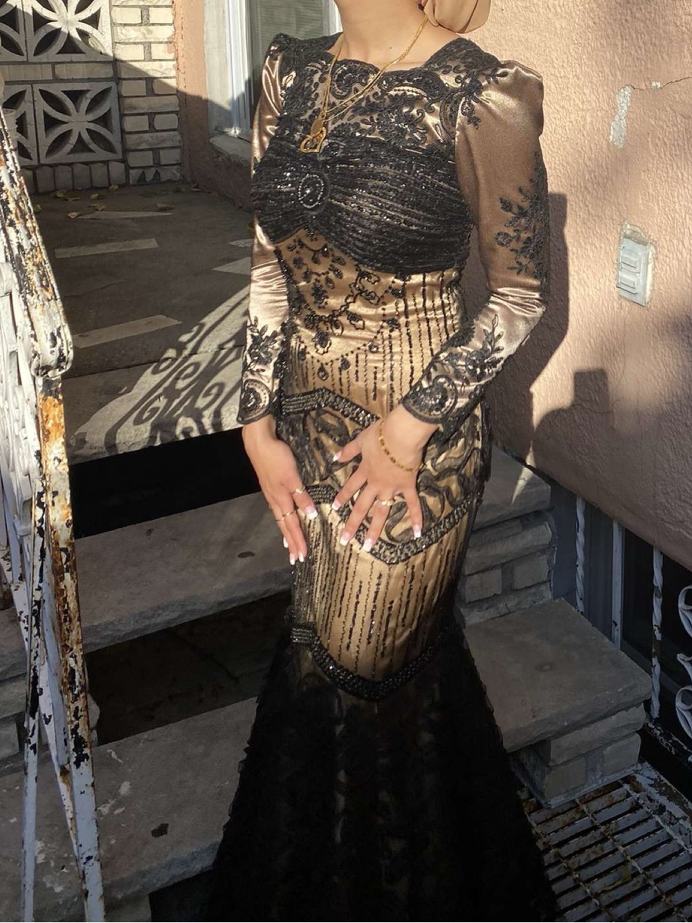 Gold and Black Beaded Long Sleeve Maxi Dress